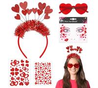 JUNEBRUSHS Heart Face Decoration Set for Carnival, Includes Heart Face Tattoo, Glitter Stone Stickers, Heart Glasses and Headband with Sparkling Hearts (Red)