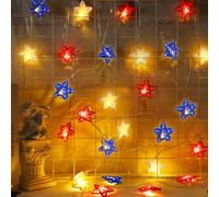 JUNEBRUSHS Red White and Blue Star Lights 4th of July Decorations, 15FT 30 LED 3D Star String Lights with Batteries Compatibility for Memorial Day Decorations Patriotic Decor