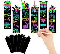 JUNEBRUSHS Spring Scratch Bookmarks, 30PCS Crafts for Kids DIY Rainbow Scratch Art, Spring Activities for Kids Art Project with 6 Designs, 30 Strings and 12 Sticks