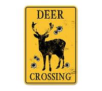 JuneLucky Caution Deer Crossing Xing Metal Sign Yellow Decorative Tin Sign 8x12 Inch Beware of Danger Animal Crossing Zone Aluminum Warning Sign for Indoor Outdoor Outside Use