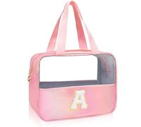 Junesters Initials Clear Makeup Snack Bag, Large Make up Bags for Women Girls, Cute Chenille Patch A-Z Nylon Cosmetic Bag with Zipper, Travel Make Up Organizer Toiletry Bag(Pink A), Pink, A