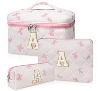 Junesters Initial Makeup Bag Set, Personalized Quilted Makeup Bag, Large Floral Cosmetic Bag for Women, Cute Cotton Custom Make up Bags, Flower Travel Toiletry Bag Teen Girl Gift Pink Butterfly A