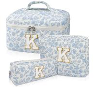 Junesters Initial Makeup Bag Set, Personalized Quilted Makeup Bag, Large Floral Cosmetic Bag for Women, Cute Cotton Custom Make up Bags, Flower Travel Toiletry Bag Teen Girl Gift Blue Flower K, Blue