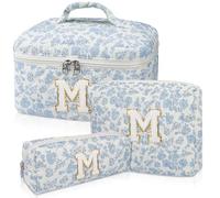 Junesters Initial Makeup Bag Set, Personalized Quilted Makeup Bag, Large Floral Cosmetic Bag for Women, Cute Cotton Custom Make up Bags, Flower Travel Toiletry Bag Teen Girl Gift Blue Flower M, Blue