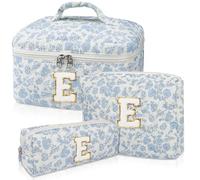 Junesters Initial Makeup Bag Set, Personalized Quilted Makeup Bag, Large Floral Cosmetic Bag for Women, Cute Cotton Custom Make up Bags, Flower Travel Toiletry Bag Teen Girl Gift Blue Flower E, Blue