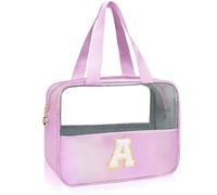 Junesters Initials Clear Makeup Snack Bag, Large Make up Bags for Women Girls, Cute Chenille Patch A-Z Nylon Cosmetic Bag with Zipper, Travel Make Up Organizer Toiletry Bag(purple A), Purple, A