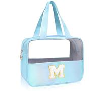 Junesters Initials Clear Makeup Snack Bag, Large Make up Bags for Women Girls, Cute Chenille Patch A-Z Nylon Cosmetic Bag with Zipper, Travel Make Up Organizer Toiletry Bag(Blue M), Blue, M