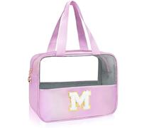 Junesters Initials Clear Makeup Snack Bag, Large Make up Bags for Women Girls, Cute Chenille Patch A-Z Nylon Cosmetic Bag with Zipper, Travel Make Up Organizer Toiletry Bag（purple M）, Purple, Enjoy
