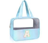 Junesters Initials Clear Makeup Snack Bag, Large Make up Bags for Women Girls, Cute Chenille Patch A-Z Nylon Cosmetic Bag with Zipper, Travel Make Up Organizer Toiletry Bag(Blue A), Blue, Enjoy