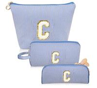 Junesters Initials Makeup Bag Set, Personalized Blue Cosmetic Bag, Cute Large Make up Bags, Travel Toiletry Bag for Women Girl Gifts C (Blue), blue, C