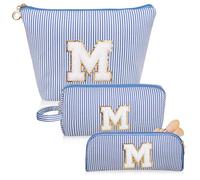 Junesters Initials Makeup Bag set, personalized Blue Cosmetic Bag, Cute Large Make up Bags, Travel Toiletry Bag for Women Girl Gifts M (Blue), Blue, M