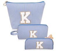 Junesters Initials Makeup Bag set, personalized Blue Cosmetic Bag, Cute Large Make up Bags, Travel Toiletry Bag for Women Girl Gifts K (Blue), Blue, K