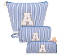 Junesters Initials Makeup Bag set, personalized Blue Cosmetic Bag, Cute Large Make up Bags, Travel Toiletry Bag for Women Girl Gifts A (Blue), Blue, A