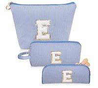 Junesters Initials Makeup Bag set, personalized Blue Cosmetic Bag, Cute Large Make up Bags, Travel Toiletry Bag for Women Girl Gifts E (Blue), Blue, E