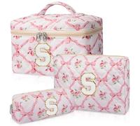 Junesters Personalized Initial Makeup Bag Set, Quilted Makeup Bag, Large Floral Cosmetic Bag for Women, Cute Cotton Custom Make up Bags, Flower Travel Toiletry Bag Teen Girl Gift Trendy Stuff Gift S,
