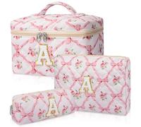 Junesters Personalized Initial Makeup Bag Set, Quilted Makeup Bag, Large Floral Cosmetic Bag for Women, Cute Cotton Custom Make up Bags, Flower Travel Toiletry Bag Teen Girl Gift Trendy Stuff Gift A,