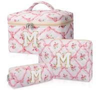 Junesters Personalized Initial Makeup Bag Set, Quilted Makeup Bag, Large Floral Cosmetic Bag for Women, Cute Cotton Custom Make up Bags, Flower Travel Toiletry Bag Teen Girl Gift Trendy Stuff Gift M,