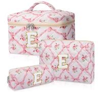 Junesters Personalized Initial Makeup Bag Set, Quilted Makeup Bag, Large Floral Cosmetic Bag for Women, Cute Cotton Custom Make up Bags, Flower Travel Toiletry Bag Teen Girl Gift Trendy Stuff Gift E,