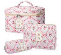 Junesters Personalized Initial Makeup Bag Set, Quilted Makeup Bag, Large Floral Cosmetic Bag for Women, Cute Cotton Custom Make up Bags, Flower Travel Toiletry Bag Teen Girl Gift Trendy Stuff Gift B,
