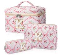 Junesters Personalized Initial Makeup Bag Set, Quilted Makeup Bag, Large Floral Cosmetic Bag for Women, Cute Cotton Custom Make up Bags, Flower Travel Toiletry Bag Teen Girl Gift Trendy Stuff Gift K,