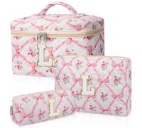 Junesters Personalized Initial Makeup Bag Set, Quilted Makeup Bag, Large Floral Cosmetic Bag for Women, Cute Cotton Custom Make up Bags, Flower Travel Toiletry Bag Teen Girl Gift Trendy Stuff Gift L,