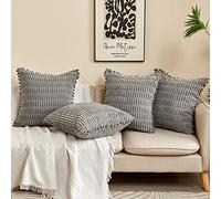 Junfawn 4 Pack Decorative Throw Pillow Covers with Pom-poms 18 x 18 for Couch Sofa Bed, Modern Corduroy Cushion Case for Living Room Decor, Grey