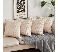 Junfawn Set of 4 Decorative Throw Pillow Covers with Pom-poms 20 x 20 for Couch Sofa Bed, Striped Corduroy Cushion Case Living Room Decor, Cream White