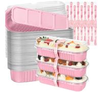 Junfete Mini Loaf Tins with Lids and Spoons 200ml Mini Loaf Cake Cases Cupcake Cases for Baking Aluminum Foil Baking Pans (50, Pink)