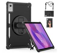 Junfire Protective Case for Lenovo Idea Tab Plus 12.1 inch 2025/Tab K12, Shockproof Hard Shell Idea Tab Plus Case with 360°Rotating Kickstand/Hand Strap/Shoulder Strap/Stylus Holder-Black