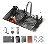 JUNFUNNLE 85 x 45 cm Kitchen Sink, Stainless Steel, Rectangle Black, Waterfall Sink with Extendable Tap, Large Single Basin, Kitchen Workstation, Bar Sink, Complete Accessories