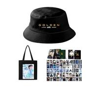 Jungkook Merchandise K-pop Gift Set, 1 GOLDEN Album Canvas Bag, 1 Hat, 1 Box Of Laser Laser Cards 55 Pcs,JUNGKOOK Merch(Color:Black-10)