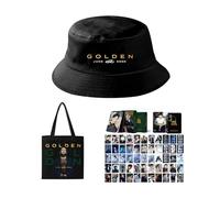 Jungkook Merchandise K-pop Gift Set, 1 GOLDEN Album Canvas Bag, 1 Hat, 1 Box Of Laser Laser Cards 55 Pcs,JUNGKOOK Merch(Color:Black-1)