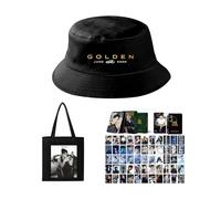 Jungkook Merchandise K-pop Gift Set, 1 GOLDEN Album Canvas Bag, 1 Hat, 1 Box Of Laser Laser Cards 55 Pcs,JUNGKOOK Merch(Color:Black-9)