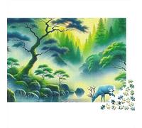 Jungle 1000 Piece Gift Giving Puzzle for Adults Deer Drinking by Pine Tree in Misty Forest Premium Thick Sturdy Vibrant Challenging Hard Stress Relief 38x26cm/1000pcs