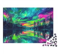 Jungle 1000-piece Recycled Cardboard Puzzle Adults Aurora over Lake Forest Stress Relief Brain Teaser Cognitive Development Eco-Friendly Premium Quality Indoor Solo Game 70x50cm/1000pcs