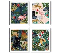 Jungle Animal and Tropical Leaf Poster Wall Decor Wall Art Prints Flamingo, Leopard, Tiger, Panther, Palm Leaves, Flowers Canvas Wall Picture Room Decor Forest Prints (8"x10" UNFRAMED)