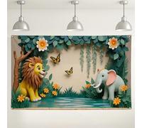 Jungle Animal Backdrop, Colorful Lion and Elephant Party Decorations, Nature Scene Background for Photography Baby Shower Birthday Events 71x43 Inch