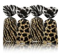 Jungle Animal Cellophane Goodie Bags, 50pcs Cow and Zebra Print Safari Party Favors Bag, Plastic Candy Cookie Snack Gift Bag with Silver Twist Ties for Wild/Zoo Birthday Baby Shower Events Supplies