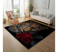 Jungle Animal Cheetah Machine Washable Rugs Living Room 60x110cm Area Rug with Non-Slip Backing, Mats and Rugs Indoor Leopard Rose Flowers Low Pile Rug for Kitchen, Bedroom Floor Mats