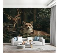 Jungle Animal Fox Deer Wallpaper Paste The Wall 400x280cm(W x H) Mural Wallpaper 3D Effect for Living Room Fireplace Feature Wallpapers Jungle Scenery (Green) Wall Mural Bedroom