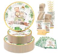 Jungle Animal Party Tableware for 25 Guests - Safari Disposable Plates, Cups, Napkins with Wooden Cutlery & Name Card - Eco Party Pack for Kids Birthday, Zoo Theme, Picnic