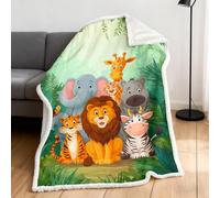 Jungle Animal Sherpa Fleece Blanket, Cartoon Elephant Lion Giraffe Tiger Sherpa Fleece Throw Blanket, Soft Warm Reversible Plush Blankets for Sofa, Bed, Couch or Car (130x150cm)