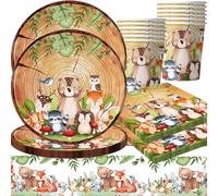 Jungle Animal Tableware, Set of 61 Jungle Autumn Birthday Decoration, Jungle Animal Party Tableware, Jungle Plate, Glasses, Napkins and Tablecloths, for 20 Guests
