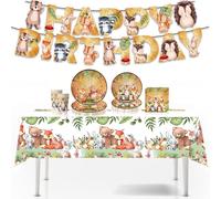 Jungle Animal Theme Birthday Party Tableware Set, Birthday Party Decoration, Kids Birthday Baby Shower Party Supplies with Happy Birthday Banner Paper Plates Cups Napkins Tablecloths For 10 Guests