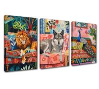 Jungle Animals Art Work for Home Walls Lion Wolf Peacock on Sofa Pictures Abstract Animals Paintings 3 Panel Canvas Cute Art Modern Artwork Home Decor for Living Room Framed Ready to Hang 48''Wx24''H