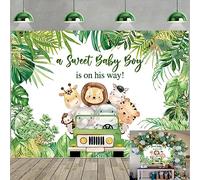 Jungle Animals Baby Shower Backdrop A Sweet Baby Boy is On His Way Photography Background Boys Baby Shower Photoshoot Wild Zoo Party Green Leaves Cake Table Decor 7x5FT