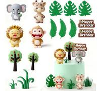 Jungle Animals Cake Decorations,17 Pcs Woodland Animals Theme Cake Topper for Birthday Includes Lion, Giraffe, Elephant, Monkey with Leaves & Trees for Baby Shower & Kids Party (B)