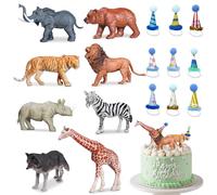 Jungle Animals Cake Toppers, Animal Cake Toppers, 17PCS Jungle Wild Figure Set, Wild Animals Cake Decorations Set with Mini Birthday Hat, Decorations