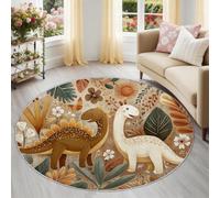Jungle Animals Dinosaurs Flora Round Area Rug 100 cm, Flannel Low-Pile Soft Kids Play Mat, Machine Washable Non-Slip Cartoon Circle Rug for Bedroom, Nursery Decor, Brown