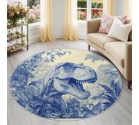 Jungle Animals Dinosaurs Round Area Rug 160 cm, Flannel Low-Pile Soft Kids Play Mat, Machine Washable Non-Slip Retro Circle Rug for Living Room Dining Room, Blue Beige